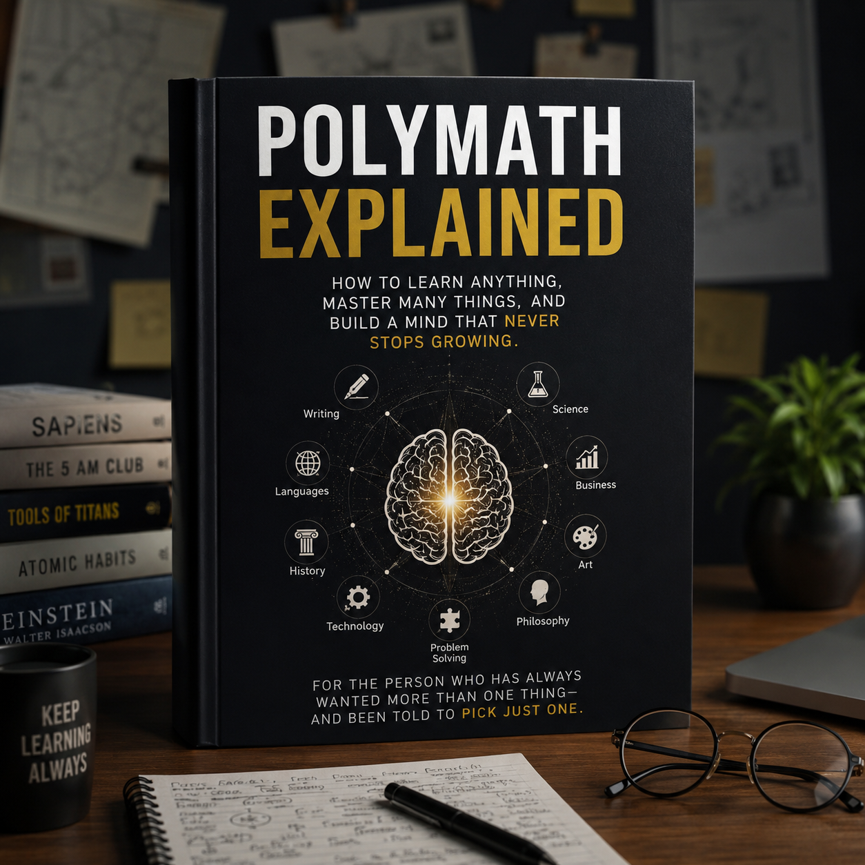 Polymath Explained book featuring a clean concept on multidimensional learning and mental growth.