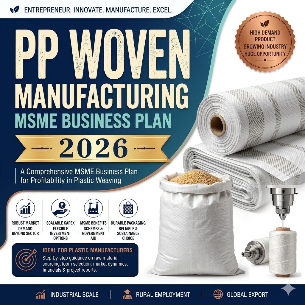 PP Woven Bag Manufacturing MSME Business Plan 2026 featuring high-speed tape extrusion lines, circular looms, and printed HDPE/PP woven sacks.