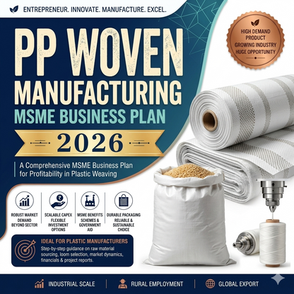 PP Woven Bag Manufacturing MSME Business Plan 2026 featuring high-speed tape extrusion lines, circular looms, and printed HDPE/PP woven sacks.