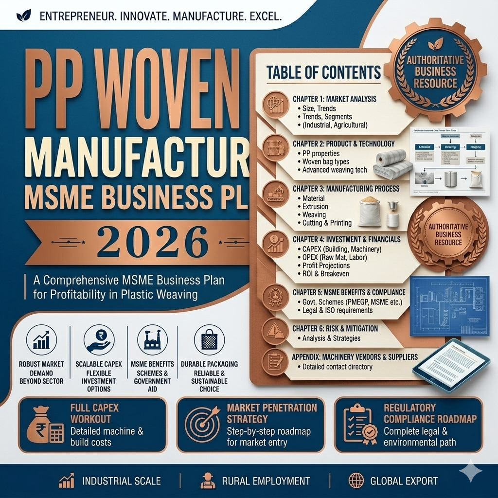 PP Woven Bag Business Plan illustrating PP granule mixing, tape extrusion, winding, circular loom weaving, flexographic printing, cutting/stitching, and bale pressing.