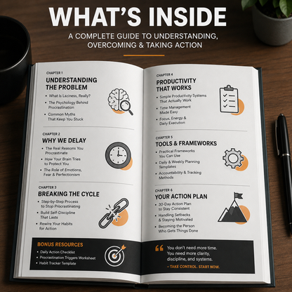 Laziness and Procrastination Explained illustrating the psychology behind task avoidance and action steps to break the cycle