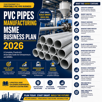PVC Pipes Business Plan illustrating resin/additive high-speed mixing, twin-screw extrusion, vacuum calibration, cooling, caterpillar haul-off, belling, and hydrostatic testing.