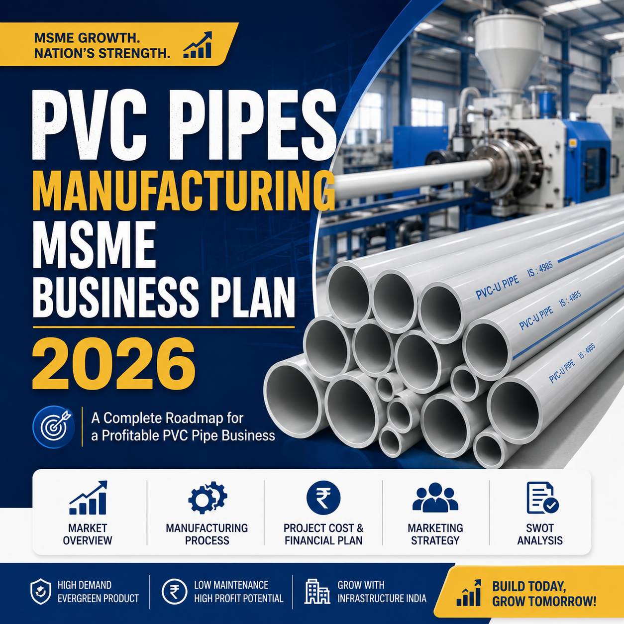 PVC Pipes Manufacturing MSME Business Plan 2026 featuring twin-screw extrusion lines, vacuum cooling tanks, and stacked rigid PVC plumbing pipes.