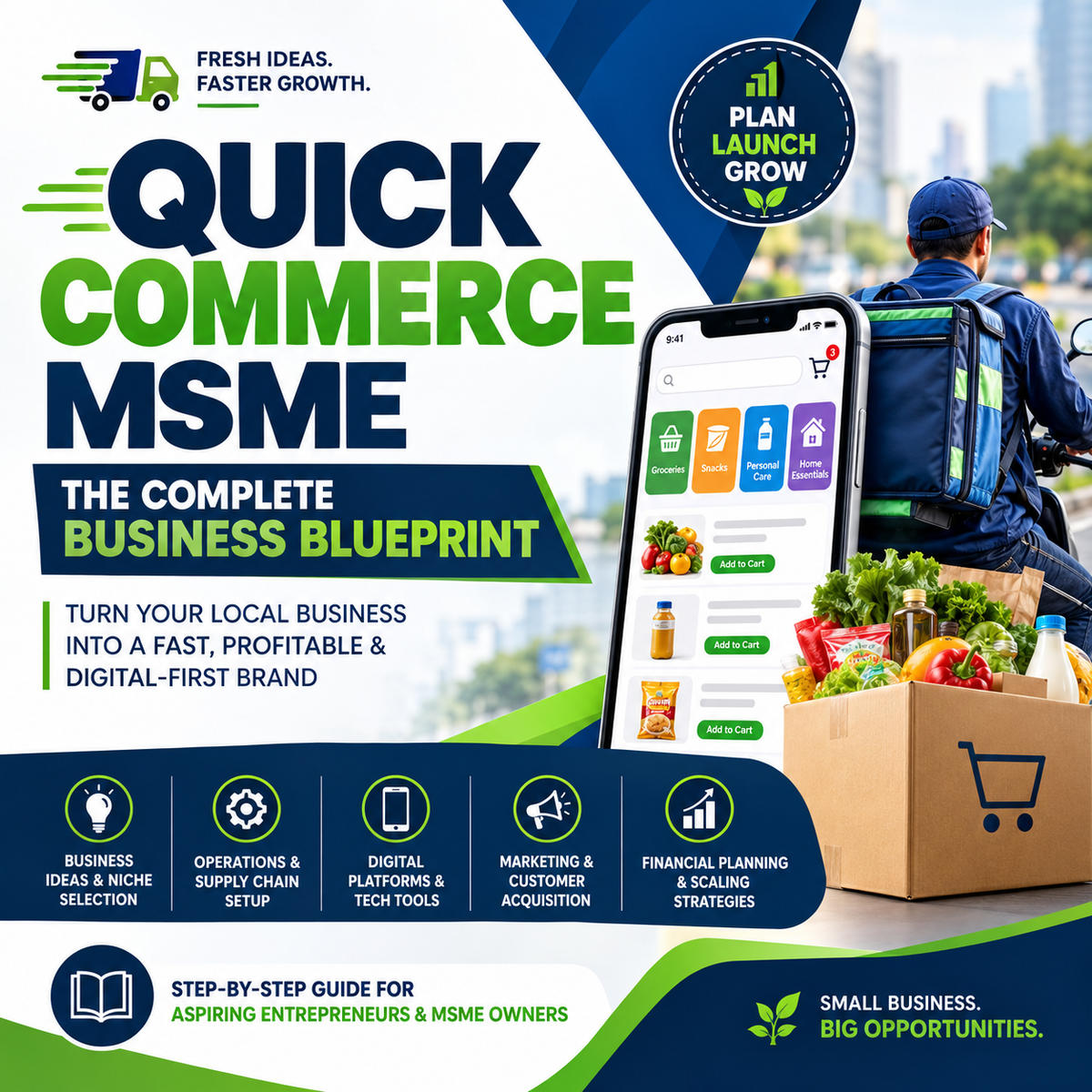 Promotional graphic for a digital business blueprint course titled 'Quick Commerce MSME'. The design features a dark blue and green color scheme with a smartphone displaying an e-commerce app, a delivery rider with a fresh grocery cart, and various business icons.