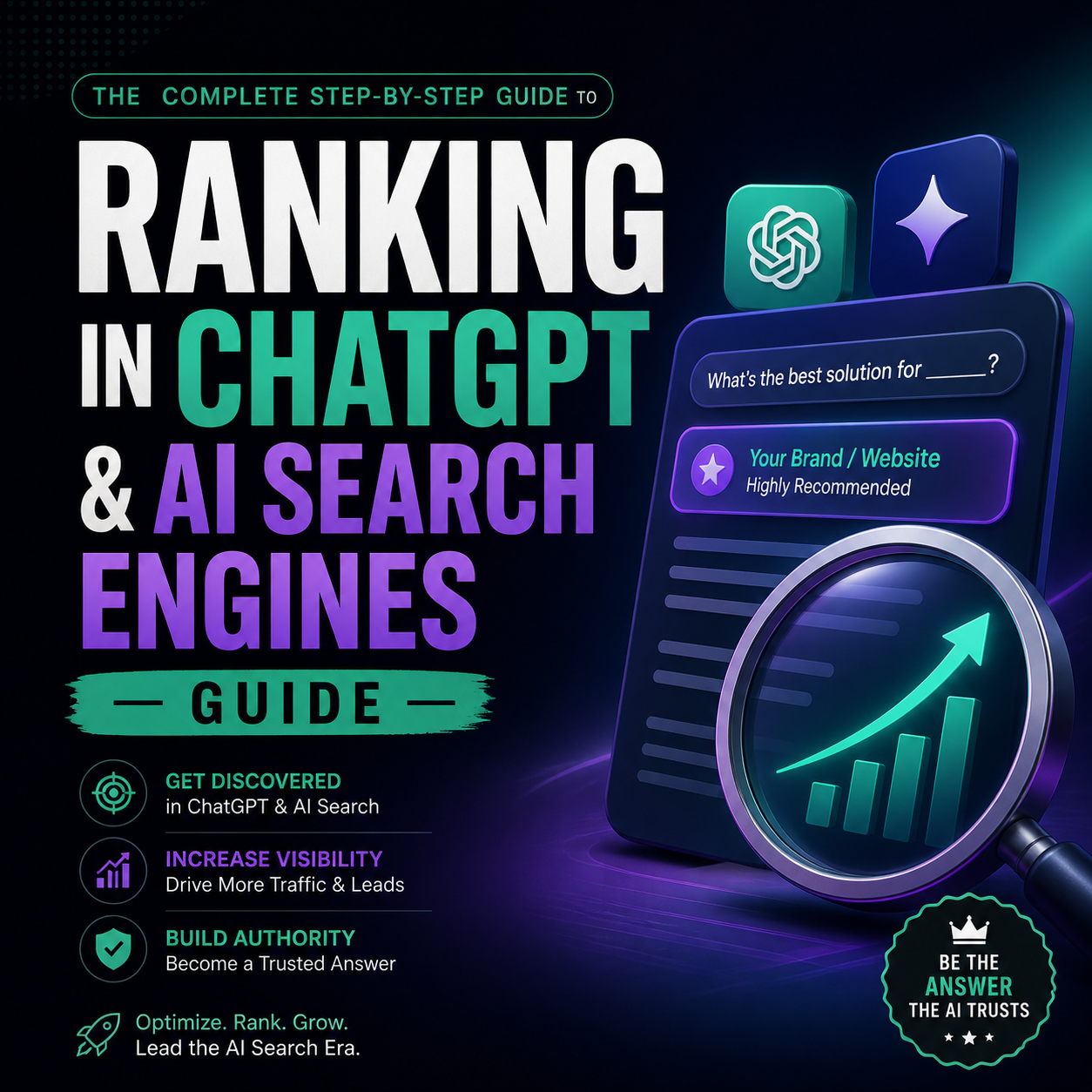 Ranking in ChatGPT & AI Search Engines digital guide featuring LLM citation frameworks, fact-density optimization checklists, and AI answer engine strategies.