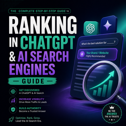 Ranking in ChatGPT & AI Search Engines digital guide featuring LLM citation frameworks, fact-density optimization checklists, and AI answer engine strategies.