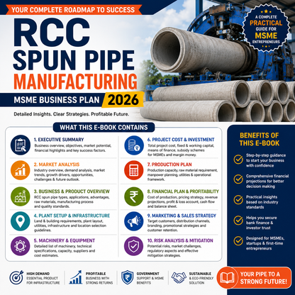 RCC Spun Pipe Business Plan illustrating steel cage weaving, pipe mould assembly, high-speed centrifugal spinning, steam/water curing tanks, and hydrostatic leak testing.