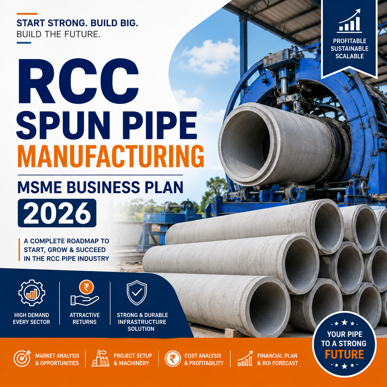 Front cover of the RCC Spun Pipe Manufacturing MSME Business Plan 2026 featuring horizontal pipe spinning runner machines, steel wire cage welding frames, and cured concrete Hume pipes.