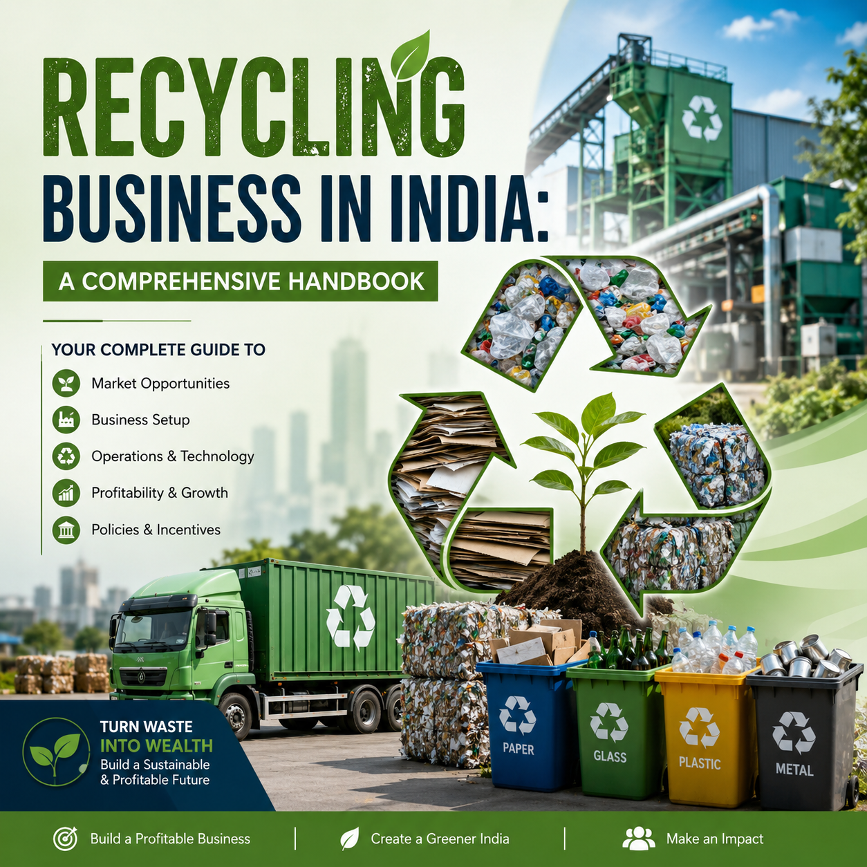 Promotional cover graphic for a handbook titled 'RECYCLING BUSINESS IN INDIA: A COMPREHENSIVE HANDBOOK'. The design features a green recycling truck, compressed waste bales, colorful recycling bins (blue, green, yellow, black), and industrial recycling facilities under a clear sky.