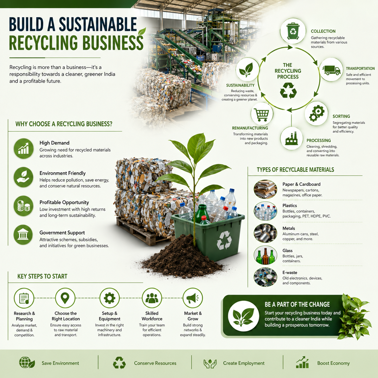An infographic poster titled 'BUILD A SUSTAINABLE RECYCLING BUSINESS' with a green recycling theme, featuring icons, text blocks, a small potted green plant, and a sidebar listing recyclable materials like paper, cardboard, plastic, and glass.