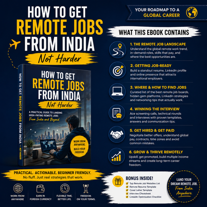 How to Get Remote Jobs from India illustrating the career framework from optimizing international LinkedIn profiles to clearing asynchronous interviews and setting up USD payment contracts.