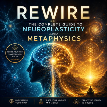Front cover of the eBook REWIRE The Complete Guide to Neuroplasticity and Metaphysics featuring a sleek, modern design with a glowing neural network background.