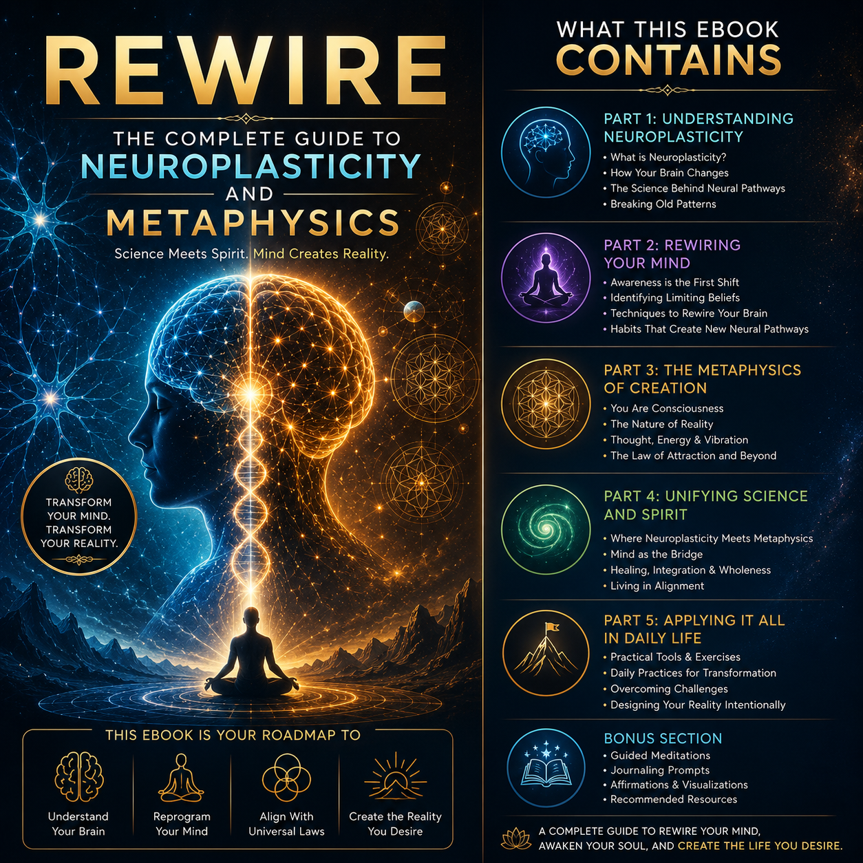 An inside look at the detailed ebook content of REWIRE The Complete Guide to Neuroplasticity and Metaphysics, showcasing chapter highlights, mind maps, and brain retraining exercises.