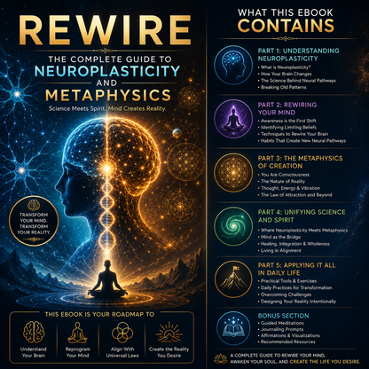 An inside look at the detailed ebook content of REWIRE The Complete Guide to Neuroplasticity and Metaphysics, showcasing chapter highlights, mind maps, and brain retraining exercises.