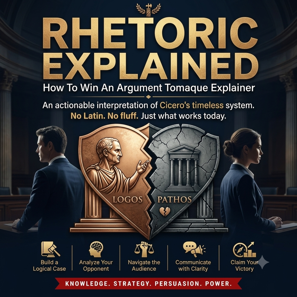 Promotional graphic for a book or digital guide titled 'RHETORIC EXPLAINED: How To Win An Argument Tomae Explainer'. The design features a split shield emblem, one half bronze with a classical bust labeled 'LOGOS' and the other half gray with a temple labeled 'PATHOS', flanked by two people in business attire.
