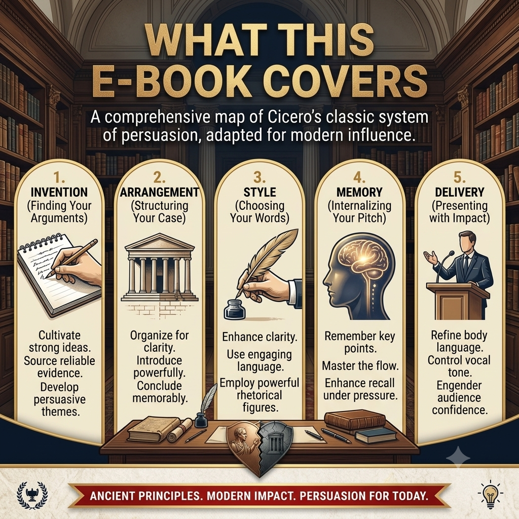 An infographic-style poster titled "WHAT THIS E-BOOK COVERS" over a library interior background, presenting five numbered sections about Ciceronian persuasion techniques: Invention, Arrangement, Style, Memory, and Delivery. The design uses warm browns, golds, and beige panels, with illustrated icons and text blocks.