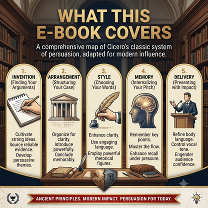 An infographic-style poster titled "WHAT THIS E-BOOK COVERS" over a library interior background, presenting five numbered sections about Ciceronian persuasion techniques: Invention, Arrangement, Style, Memory, and Delivery. The design uses warm browns, golds, and beige panels, with illustrated icons and text blocks.