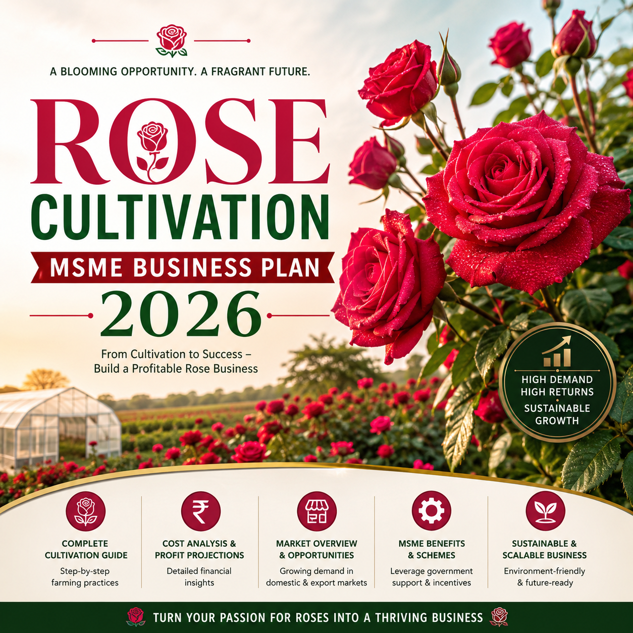 Rose Cultivation MSME Business Plan 2026 featuring high-density protected polyhouse beds of vibrant red and pink Dutch roses with automated drip fertigation lines.