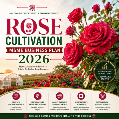 Rose Cultivation MSME Business Plan 2026 featuring high-density protected polyhouse beds of vibrant red and pink Dutch roses with automated drip fertigation lines.