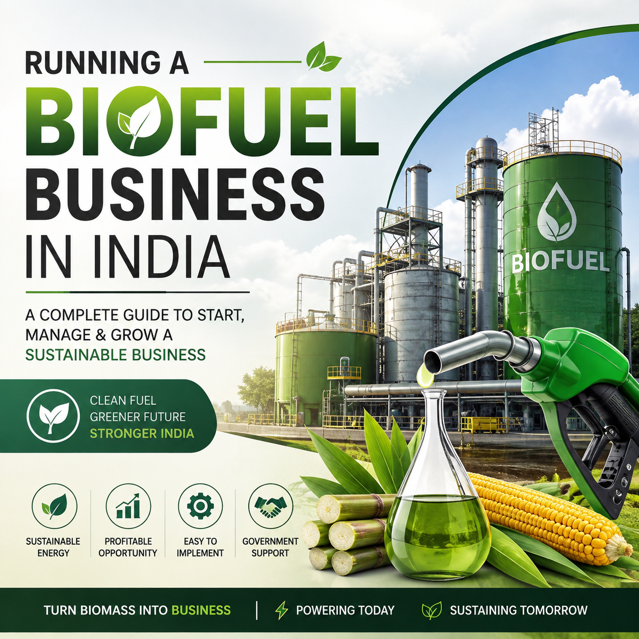 Promotional graphic for a biofuel business guide in India, featuring large text, an industrial biofuel facility, a green fuel pump, a glass flask with green liquid, corn, and sugarcane on a bright sky background.