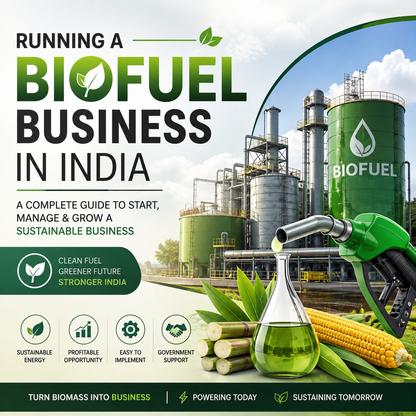 Promotional graphic for a biofuel business guide in India, featuring large text, an industrial biofuel facility, a green fuel pump, a glass flask with green liquid, corn, and sugarcane on a bright sky background.