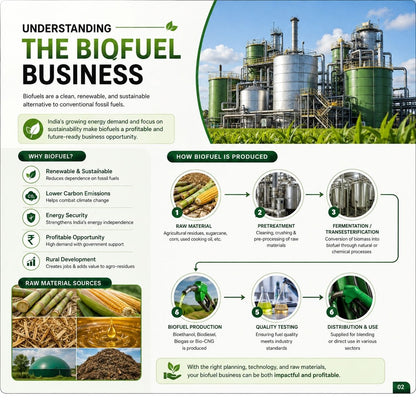 An infographic poster titled 'Understanding the Biofuel Business' with a large photo of a biofuel refinery at the top and multiple process panels below showing raw materials, pretreatment, fermentation, production, quality testing, and distribution. The layout uses green icons and text on a white background.