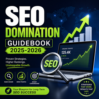 SEO Domination Guidebook 2025-2026 featuring technical SEO checklists, AI Overview optimization tactics, and ranking framework diagrams.