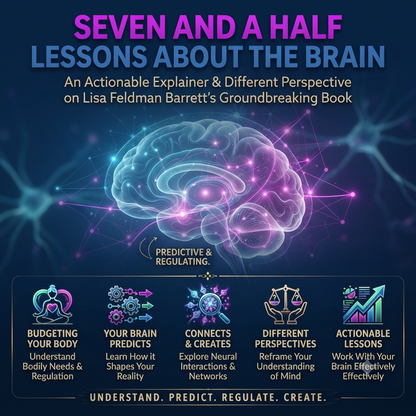 Promotional graphic for a digital book or course titled 'SEVEN AND A HALF LESSONS ABOUT THE BRAIN' with a glowing brain illustration on a dark blue background and five feature icons along the bottom.