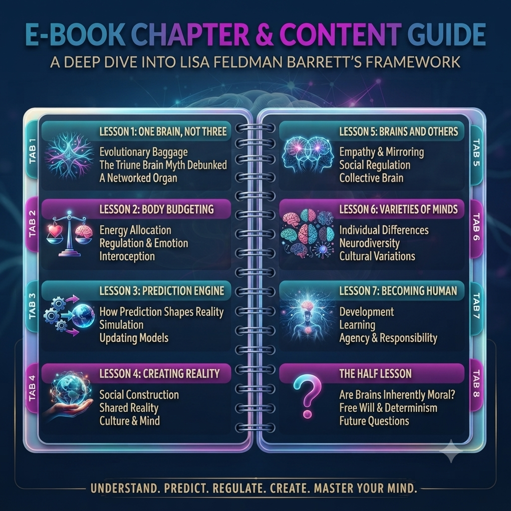 A digital cover graphic for an e-book guide titled 'E-BOOK CHAPTER & CONTENT GUIDE: A DEEP DIVE INTO LISA FELDMAN BARRETT'S FRAMEWORK'. The design shows an open spiral-bound book with two pages, each containing multiple lesson panels with colorful brain and neuron illustrations.