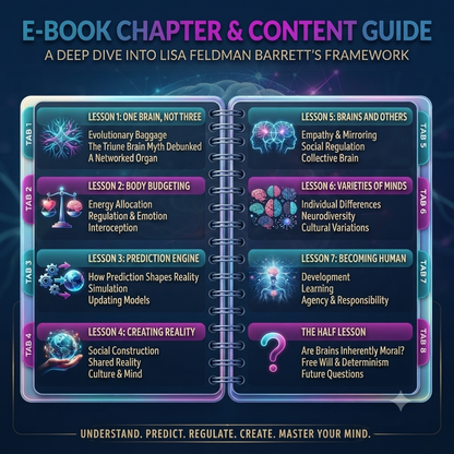A digital cover graphic for an e-book guide titled 'E-BOOK CHAPTER & CONTENT GUIDE: A DEEP DIVE INTO LISA FELDMAN BARRETT'S FRAMEWORK'. The design shows an open spiral-bound book with two pages, each containing multiple lesson panels with colorful brain and neuron illustrations.