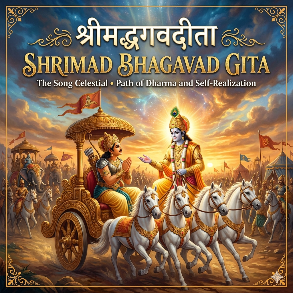 hrimad Bhagavad Gita featuring sacred artwork depicting Lord Krishna guiding Arjuna on the battlefield of Kurukshetra.