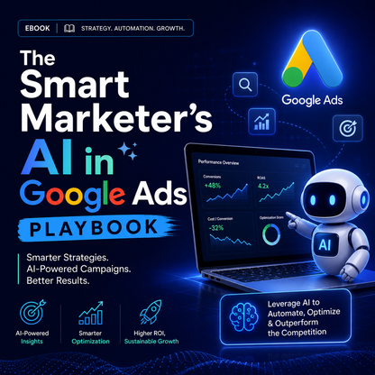 The Smart Marketer's AI in Google Ads Playbook featuring AI campaign architecture diagrams, automated asset workflows, and Smart Bidding optimization checklists.