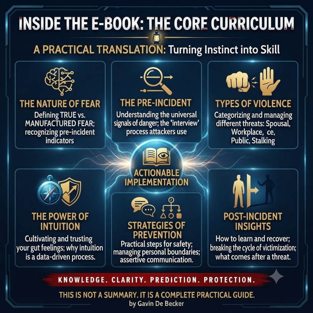 Promotional graphic for an e-book guide titled 'Inside the E-Book: The Core Curriculum' by Gavin De Becker, featuring six illustrated panels with icons and text about incident detection, violence types, intuition, prevention, and post-incident insights on a dark blue background.