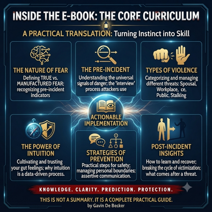 Promotional graphic for an e-book guide titled 'Inside the E-Book: The Core Curriculum' by Gavin De Becker, featuring six illustrated panels with icons and text about incident detection, violence types, intuition, prevention, and post-incident insights on a dark blue background.