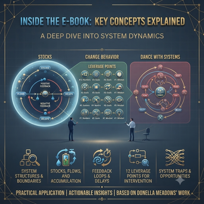 An infographic-style cover or promotional graphic for an e-book titled 'Inside the E-Book: Key Concepts Explained' about system dynamics. The design features a dark navy background with gold text and line art, two circular system diagrams, a central table labeled 'Change Behavior' with '12 Leverage Points,' and five illustrated icons at the bottom for system structures, stocks/flows, feedback loops, leverage points, and system traps.