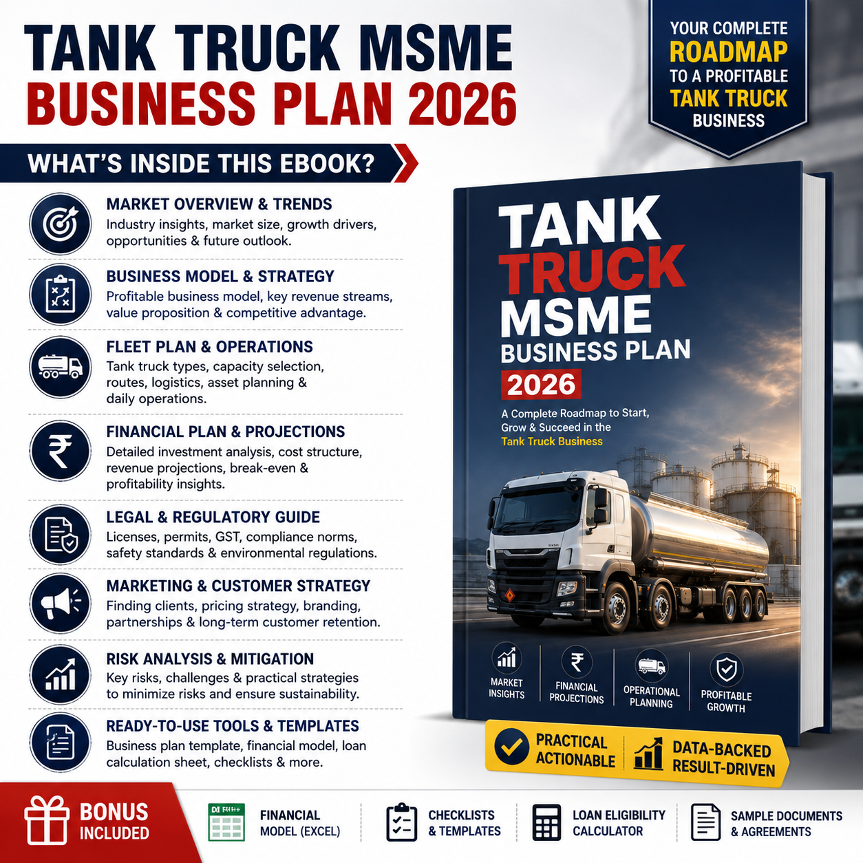 Tank Truck Business Plan illustrating steel sheet cutting, cylinder shell rolling, dish head forming, internal baffle plate MIG/TIG welding, leak testing, and chassis mounting.
