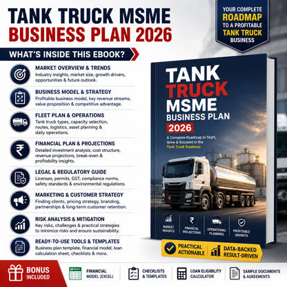 Tank Truck Business Plan illustrating steel sheet cutting, cylinder shell rolling, dish head forming, internal baffle plate MIG/TIG welding, leak testing, and chassis mounting.