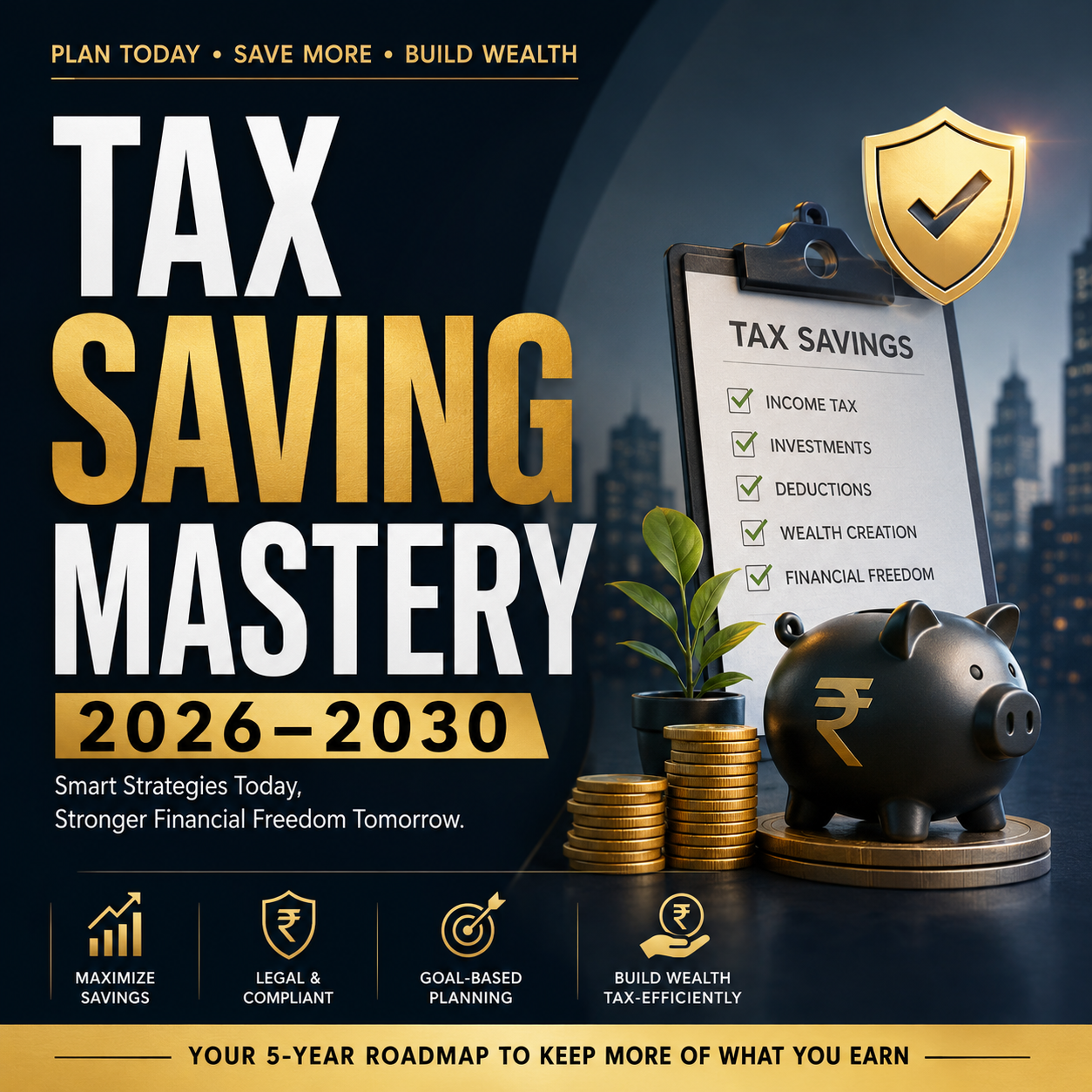 Promotional graphic for a tax saving mastery program, featuring large white and gold text, a clipboard listing tax savings items, a black piggy bank with a gold coin emblem, gold coins, a small plant, and a dark city skyline background.