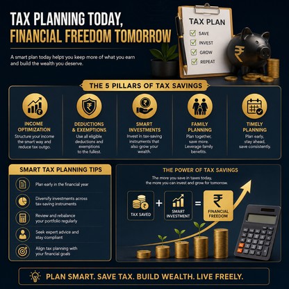 A promotional infographic for tax planning and financial freedom, featuring a dark navy background with gold and white text, icons, and diagrams including a tax plan checklist, coins, a piggy bank, and a calculator.