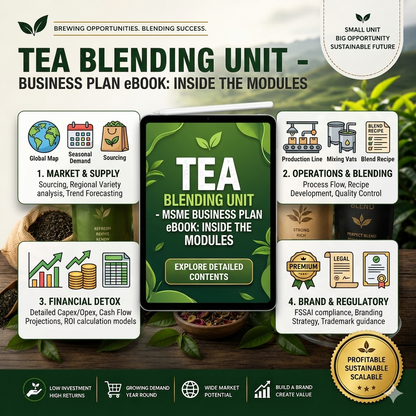 Tea Blending Unit Business Plan illustrating raw tea cleaning, pneumatic dust extraction, flavor/herbal blending, moisture testing, and automatic pouch/tea bag packing.
