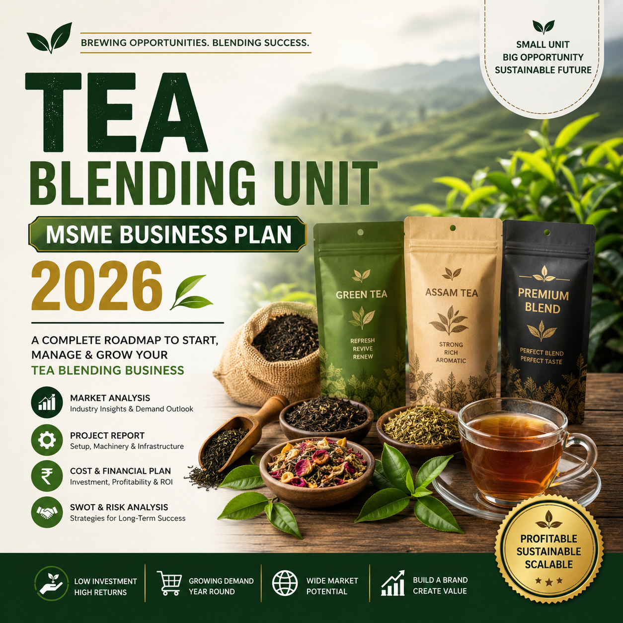 Tea Blends MSME Business Plan 2026 featuring stainless steel ribbon blenders, tea grading sieves, and packaged specialty herbal tea blends.