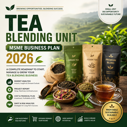 Tea Blends MSME Business Plan 2026 featuring stainless steel ribbon blenders, tea grading sieves, and packaged specialty herbal tea blends.