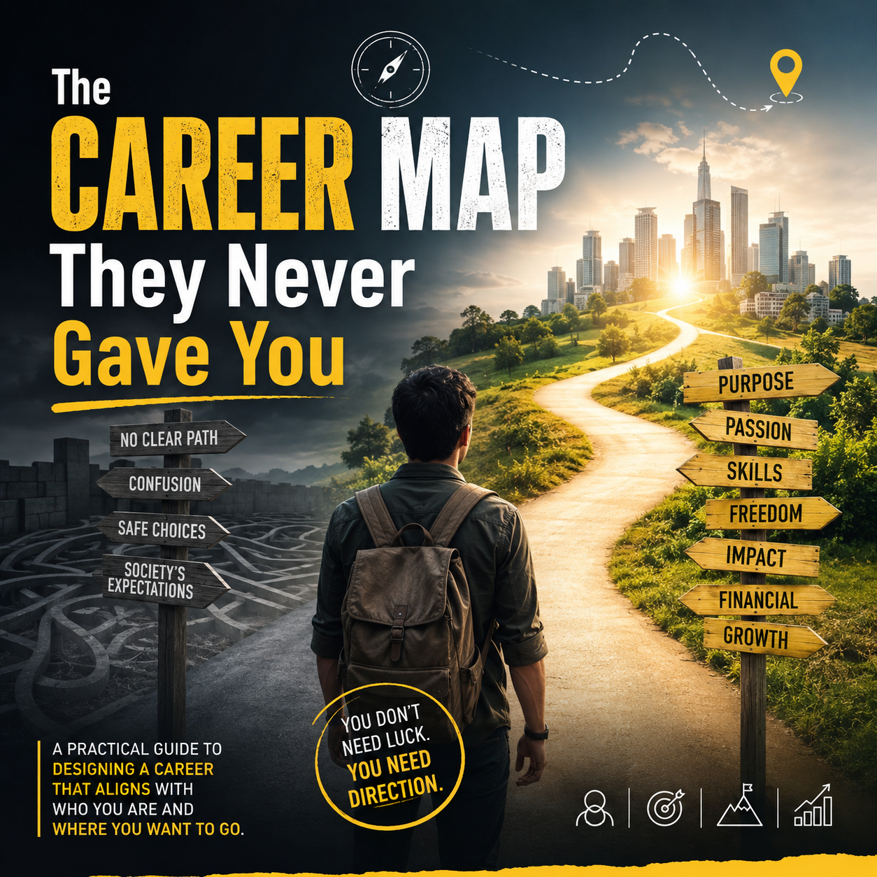 A promotional cover-style graphic for a career guidance product titled 'The Career Map They Never Gave You.' The design shows a person seen from behind walking down a winding road toward a city skyline, with signposts on both sides reading goals like purpose, passion, skills, freedom, impact, and financial growth.
