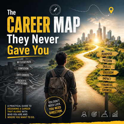 A promotional cover-style graphic for a career guidance product titled 'The Career Map They Never Gave You.' The design shows a person seen from behind walking down a winding road toward a city skyline, with signposts on both sides reading goals like purpose, passion, skills, freedom, impact, and financial growth.