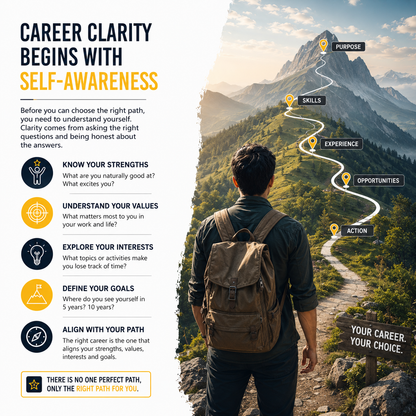 An inspirational career guidance poster with a split design: the left side contains text about self-awareness and career clarity with dark navy and yellow typography, and the right side shows a hiker seen from behind looking at a mountain landscape with a winding path labeled purpose, skills, experience, opportunities, and action.