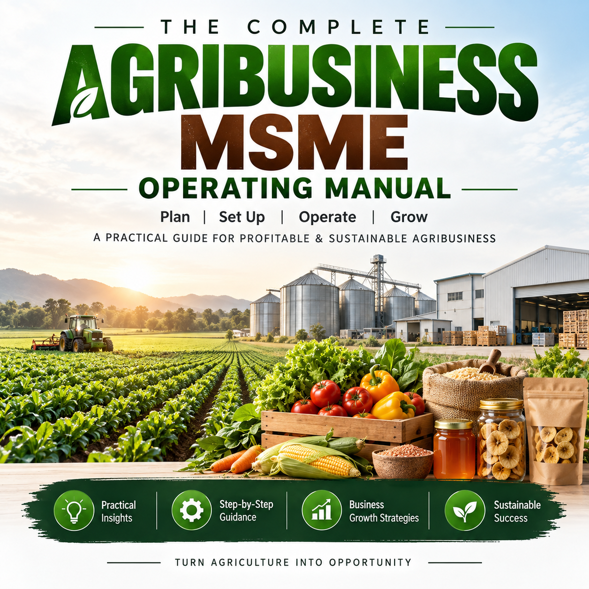A book cover for 'The Complete Agribusiness MSME Operating Manual' featuring a farm scene with a tractor, silos, and produce in the foreground, with large green and brown title text at the top.