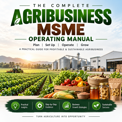 A book cover for 'The Complete Agribusiness MSME Operating Manual' featuring a farm scene with a tractor, silos, and produce in the foreground, with large green and brown title text at the top.