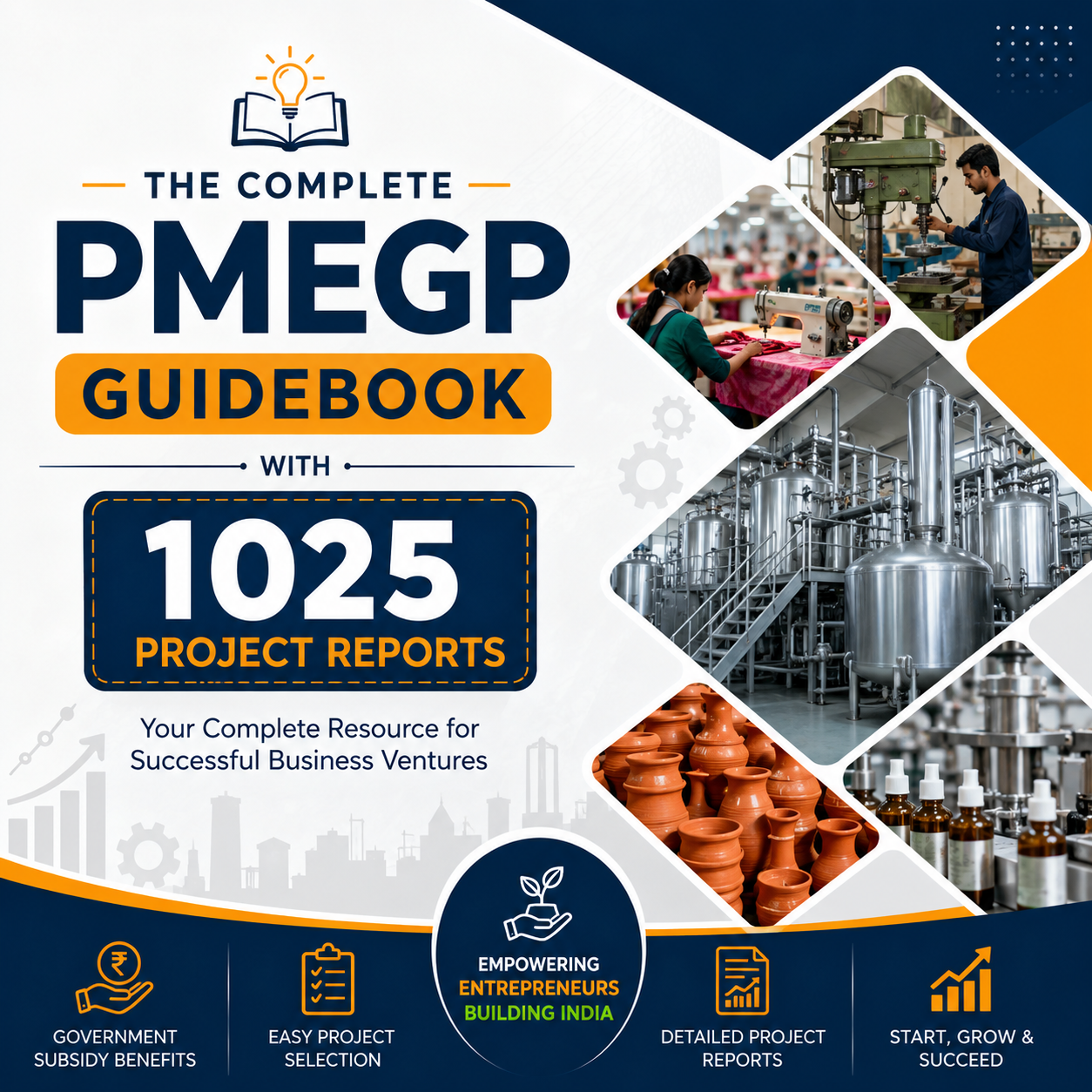 Promotional cover graphic for 'The Complete PMEGP Guidebook' featuring a large title, '1025 Project Reports,' and several inset photos of industrial and craft scenes. The design uses navy, white, orange, and dark blue blocks with icons along the bottom.