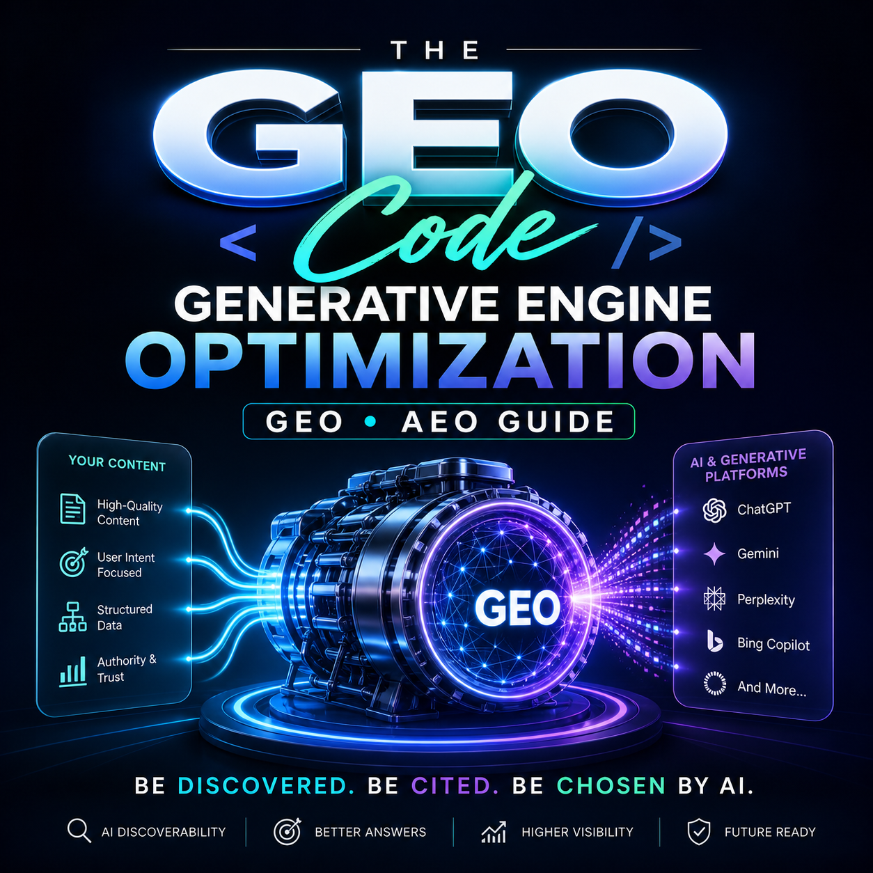 The GEO Code digital guide featuring AI search engine optimization frameworks, entity authority checklists, and citation optimization roadmaps.