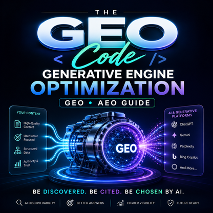 The GEO Code digital guide featuring AI search engine optimization frameworks, entity authority checklists, and citation optimization roadmaps.